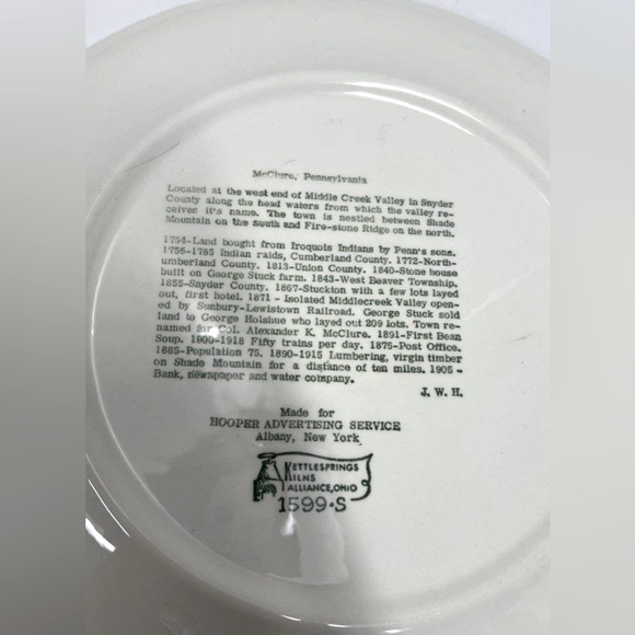 Vintage KettlespringsKilns Alliance, Ohio cream&green collector plate McClure,PA - Picture 3 of 3